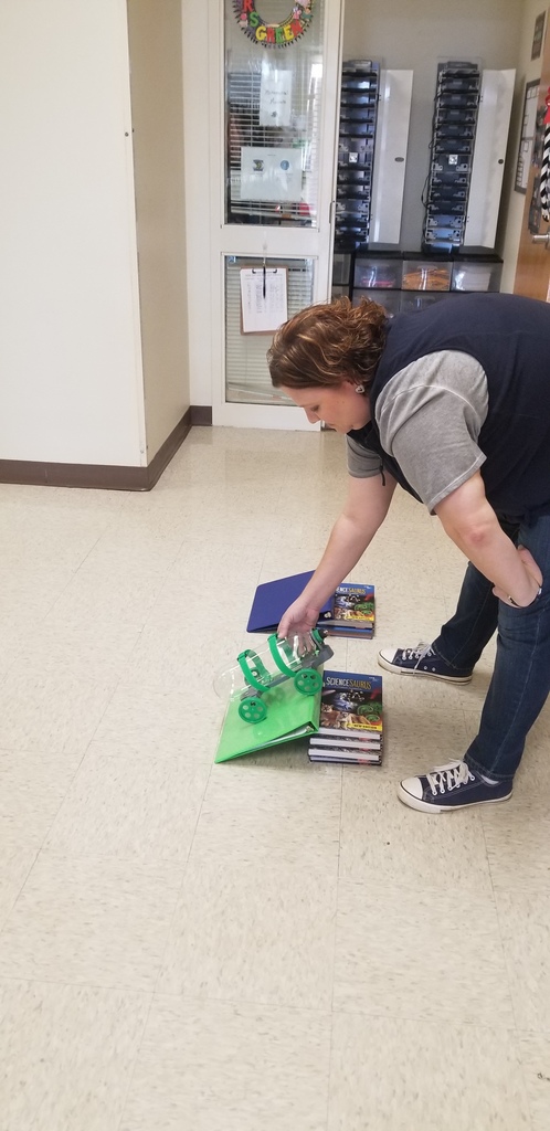 While studying kinetic and potential energy, fourth-grade students designed and conducted an experiment to see if the height of a ramp affected how far an object can roll when released from the top.